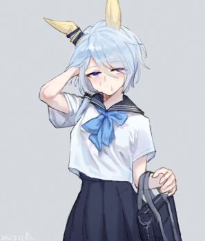 Rule 34 | 1girl, animal ears, bag, black sailor collar, black skirt, blue bow, blue eyes, blue hair, blush, bow, breasts, closed mouth, commentary request, dot mouth, ear covers, hair between eyes, hand in own hair, highres, horse ears, horse girl, k.s.miracle (umamusume), looking at viewer, sailor collar, saramiao-chan, school bag, school uniform, serafuku, shirt, short hair, short sleeves, simple background, skirt, solo, sweat, umamusume, white shirt