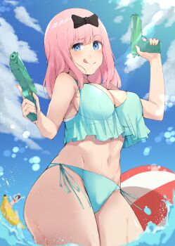 1girl :q aqua_bikini ball banana_boat beachball bikini black_bow black_mutou blue_eyes blue_sky bow breasts cleavage commentary_request cowboy_shot dual_wielding finger_on_trigger fujiwara_chika hair_bow holding holding_water_gun kaguya-sama_wa_kokurasetai_~tensai-tachi_no_renai_zunousen~ large_breasts long_hair looking_at_viewer navel ocean pink_hair shinomiya_kaguya side-tie_bikini_bottom sky solo_focus stomach swimsuit tongue tongue_out trigger_discipline wading water water_gun