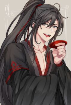 1boy :d ahoge alcohol aslle bishounen black_hair black_hanfu chinese_clothes collarbone commentary_request cup grey_background grey_eyes hair_between_eyes hair_ribbon hanfu heart highres holding holding_cup long_hair long_sleeves looking_at_viewer male_focus modao_zushi open_mouth pectoral_cleavage pectorals ponytail red_ribbon ribbon robe sakazuki sidelocks simple_background smile solo teeth upper_body very_long_hair wei_wuxian wide_sleeves