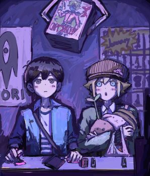 2boys :o :| antenna_hair arcade_cabinet bag basil_(birthday)_(omori) basil_(faraway)_(omori) basil_(omori) black_bag black_eyes black_hair blonde_hair blue_eyes blue_jacket bright_pupils brown_hat captain_spaceboy cardigan closed_mouth collared_jacket collared_shirt copyright_name denim denim_jacket double-parted_bangs drop_shadow expressionless facing_viewer flipped_hair green_cardigan grey_bag grocery_bag hair_behind_ear hair_between_eyes hat highres holding holding_bag holding_stuffed_toy hugging_object indoors jacket jitome long_sleeves looking_at_object looking_up male_focus mewo multiple_boys newsboy_cap no_sclera official_alternate_costume omori open_cardigan open_clothes open_jacket open_mouth pancake_bunny_(omori) poster_(object) puffy_long_sleeves puffy_sleeves purple_background shirt shopping_bag short-sleeved_jacket short_hair short_sleeves shoulder_bag sidelocks simple_background something_(omori) sprout_mole straight-on stuffed_animal stuffed_toy sunny_(birthday)_(omori) sunny_(omori) tamponade teeth upper_body upper_teeth_only very_short_hair white_pupils white_shirt