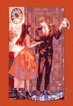 1boy 1girl black_hair black_jacket black_pants black_shoes black_suit blonde_hair border breasts brown_shoes chaoxibumian clock closed_eyes collared_shirt commentary door dress fedora flower food formal_clothes full_body hairband hat high_heels highres holding holding_food holding_unworn_clothes holding_unworn_hat jacket long_hair medium_breasts necktie open_mouth orange_border orange_dress pants parted_bangs pink_flower pumps red_necktie shirt shoes short_hair sleeveless sleeveless_dress smile sparkle spy_x_family suit suit_jacket symbol-only_commentary twilight_(spy_x_family) unworn_hat unworn_headwear vase white_hairband white_hat white_shirt yor_briar