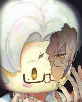 1boy black-framed_eyewear black_background brown_eyes commentary_request cracked_kawaii_mask glasses grey_hair hands_up highres legitrebelrose male_focus portrait semi-rimless_eyewear shirt signature solo tears_of_themis thick_eyebrows under-rim_eyewear upper_body vyn_richter_(tears_of_themis) white_shirt