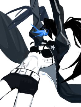 1girl arms_up belt belt_buckle bikini bikini_top_only black_rock_shooter black_rock_shooter_(character) blue_eyes buckle coat dingnin98201637 dutch_angle emaciated feet_out_of_frame glowing glowing_eye greyscale hair_between_eyes hashtag-only_commentary highres looking_at_viewer monochrome multiple_scars one_eye_covered open_clothes open_coat scar scar_on_chest scar_on_stomach shorts simple_background solo star_(symbol) swimsuit white_background