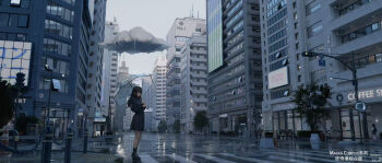 1girl 3d ahoge black_hair black_shirt black_shoes black_skirt building cityscape cloud cloud_over_head commentary day from_side full_body highres holding holding_umbrella lamppost long_hair long_sleeves original outdoors people reflection road road_sign scenery shirt shoes sign skirt skyscraper solo standing straight_hair street traffic_light transparent transparent_umbrella tree umbrella vanish_(pixiv_111424881)