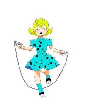 Rule 34 | 1girl, blonde hair, blue dress, dress, holding, holding jump rope, holding rope, jump rope, jumping, peanuts (comic), polka dot, polka dot dress, puffy short sleeves, puffy sleeves, rope, sally brown, short hair, short sleeves, smile, solo, thevigil