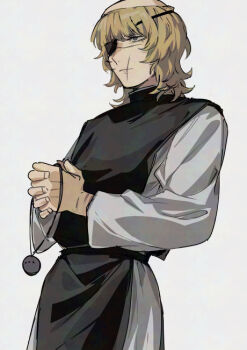 Rule 34 | 1boy, badeni, black tabard, blonde hair, blue eyes, chi.: chikyuu no undou ni tsuite, closed mouth, eyepatch, grey background, holding, holding jewelry, holding necklace, jewelry, kadeart, male focus, medium hair, necklace, scar, scar on face, scar on lip, scar on mouth, scar on nose, simple background, solo, tabard, tonsure