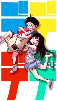 2girls asano_inio backpack bag black_hair clenched_teeth commentary dead_dead_demons_de_dedede_destruction highres holding holding_bag isobeyan koyama_kadode long_hair multiple_girls nakagawa_ouran shoes short_hair short_shorts shorts simple_background slippers sneakers tearing_up teeth text_background thick_eyebrows very_short_hair