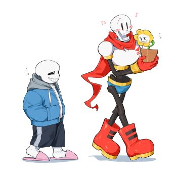 Rule 34 | ..., 2boys, black shorts, blue jacket, blue male underwear, blush stickers, boots, drawstring, flower, flower pot, flowey (undertale), grey hoodie, hands in pockets, height difference, highres, holding, holding flower pot, hood, hoodie, jacket, male underwear, multiple boys, musical note, open clothes, open jacket, p ch3c00h, papyrus (undertale), pink slippers, red boots, red scarf, sans (undertale), scarf, shadow, shirt, shorts, simple background, skeleton, slippers, smile, socks, teeth, torn clothes, torn scarf, undertale, underwear, utdr (toby fox), white background, white shirt, white socks