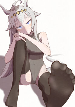1girl absurdres ahoge animal_ears bare_shoulders black_thighhighs blue_eyes blush breasts closed_mouth commentary_request covered_navel crossed_bangs feet foot_focus foreshortening full_body grey_hair grey_leotard hair_between_eyes hand_on_own_knee highres horse_ears horse_girl leotard long_hair looking_at_viewer no_shoes oguri_cap_(umamusume) presenting_foot simple_background sitting skindentation small_breasts soles solo tea76225914 thighhighs thighs toes umamusume very_long_hair white_background