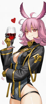 1girl absurdres ahoge alcohol black_gloves black_jacket black_one-piece_swimsuit breasts choker cleavage cleavage_cutout clothing_cutout cup drinking_glass fate/grand_order fate_(series) gloves head_wings highleg highleg_one-piece_swimsuit highres hildr_(fate) hood hooded_jacket jacket kamisato_sora long_sleeves looking_at_viewer medium_breasts medium_hair one-piece_swimsuit open_clothes open_jacket pink_hair red_eyes smile solo swimsuit valkyrie_(fate) wine wine_glass wings