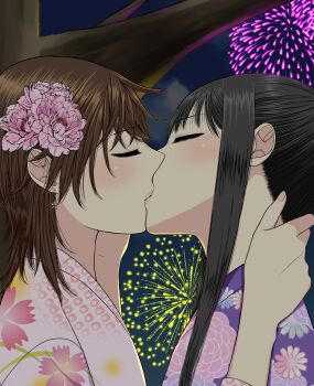 2girls absurdres black_hair brown_hair closed_eyes commentary_request earrings fireworks floral_print floral_print_kimono flower hair_flower hair_ornament hand_on_another's_neck highres japanese_clothes jewelry kimono long_hair medium_hair multiple_girls night original outdoors pink_flower pink_kimono print_kimono purple_kimono ryuusa tree yuri