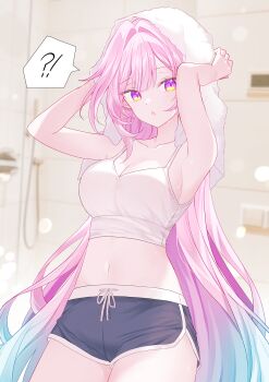 Rule 34 | !?, 1girl, absurdres, alternate costume, arms up, bare shoulders, black shorts, blurry, blurry background, breasts, cleavage, collarbone, commentary, cowboy shot, crop top, cyrene (demiurge) (honkai: star rail), cyrene (honkai: star rail), diamond-shaped pupils, diamond (shape), dolphin shorts, hair intakes, highres, honkai: star rail, honkai (series), indoors, large breasts, long hair, looking at viewer, midriff, navel, open mouth, pink hair, seno (senohime), shirt, shorts, shower (place), solo, spoken interrobang, stomach, symbol-only commentary, symbol-shaped pupils, thighs, towel, towel on head, very long hair, white shirt