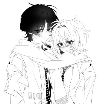 1boy 1girl alternate_costume arm_at_side blazer blunt_ends blush breasts casual closed_mouth collared_shirt commentary_request contemporary couple eyes_visible_through_hair fringe_trim genshin_impact greyscale hair_intakes height_difference hetero hldaisuki jacket korean_commentary lapels large_breasts looking_at_viewer lumine_(genshin_impact) monochrome necktie off_shoulder scaramouche_(genshin_impact) scarf shared_clothes shared_scarf shirt short_hair smile split_mouth striped_necktie tsurime undershirt white_background wispy_bangs