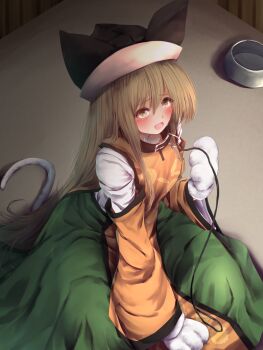 1girl :d animal_collar animal_hands black_collar black_hat blonde_hair blush bowl brown_eyes cat_tail collar commentary_request gloves green_skirt hair_between_eyes hand_on_lap hat highres indoors leash long_hair long_skirt long_sleeves matara_okina on_floor open_mouth orange_tabard paw_gloves pet_bowl pet_play print_tabard shirt sidelocks sitting skirt smile solo sun_print tabard tail teruteru12 touhou very_long_hair white_shirt