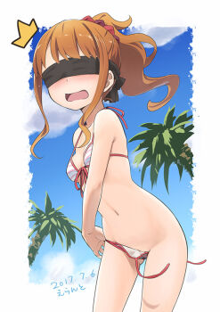 1girl 2017 bikini blindfold blush breasts brown_hair cloud commentary_request cosplay dated day eromanga_sensei errant facing_viewer female_focus front-tie_top jinno_megumi navel open_mouth palm_tree pink_bikini ponytail side-tie_bikini_bottom sidelocks signature sky small_breasts solo striped_bikini striped_clothes swimsuit tree untied_bikini wardrobe_malfunction wavy_mouth yamada_elf yamada_elf_(cosplay)