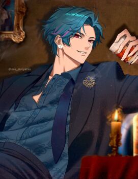 Rule 34 | 1boy, bad id, bad pixiv id, blue hair, blue jacket, blue necktie, blue shirt, blurry, blurry foreground, brant (wuthering waves), commentary, cup, drinking glass, earrings, highres, holding, holding cup, indoors, jacket, jewelry, looking at viewer, male focus, multicolored hair, necktie, parted lips, partially unbuttoned, pink eyes, sae naiyatsu, shirt, short hair, smile, solo, streaked hair, symbol-only commentary, twitter username, undone necktie, wuthering waves