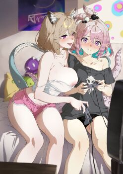 2girls animal_ear_fluff animal_ears arknights bare_shoulders black_panties black_shirt blonde_hair blush breasts collarbone controller crop_top dolphin_shorts fangs game_controller gamepad highres kirara_(arknights) large_breasts long_shirt looking_at_viewer medium_breasts midriff midriff_peek multiple_girls nashidrop on_bed open_mouth panties pink_eyes pink_hair playing shirt shorts sitting tail tentacles underwear utage_(arknights) yuri