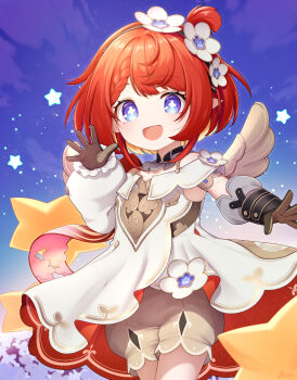 1girl :d bare_shoulders basa_rutan black_gloves blonde_hair braid brown_shorts cloud commentary_request dress flower flower-shaped_pupils gloves highres honkai:_star_rail honkai_(series) long_sleeves looking_at_viewer multicolored_hair off-shoulder_dress off_shoulder open_mouth pointy_ears puffy_long_sleeves puffy_shorts puffy_sleeves purple_eyes red_hair short_shorts shorts single_sleeve sky smile solo star_(symbol) symbol-shaped_pupils tribbie_(honkai:_star_rail) two-tone_hair white_dress white_flower