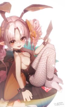 Rule 34 | 1girl, :d, absurdres, animal ears, ap04astral, black leotard, breasts, brown eyes, character name, commentary request, fake animal ears, fang, fishnet pantyhose, fishnets, full body, grey pantyhose, highres, knees up, leotard, long hair, looking at viewer, medium breasts, no shoes, open mouth, pantyhose, parted bangs, pink hair, playboy bunny, rabbit ears, sitting, skin fang, smile, solo, strapless, strapless leotard, tsuina-chan, twitter username, voiceroid, wrist cuffs