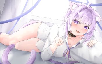 1girl absurdres ahoge animal_ear_fluff animal_ears black_collar breasts cat_ears cat_girl cat_tail cleavage collar fang highres hololive large_breasts looking_at_viewer lying nail_polish neck_ribbon nekomata_okayu nekomata_okayu_(oversized_shirt) official_alternate_costume on_side purple_eyes purple_hair purple_nails purple_ribbon ribbon shirt skin_fang smile solo st-147 tail virtual_youtuber white_shirt