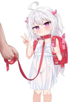 1girl ahoge animal_collar artist_request backpack bag bow collar commission dress feet_out_of_frame hair_bow highres holding holding_leash leash loli long_hair looking_at_viewer original pink_bow purple_eyes randoseru second-party_source simple_background sleeveless sleeveless_dress solo_focus v white_background white_dress white_hair