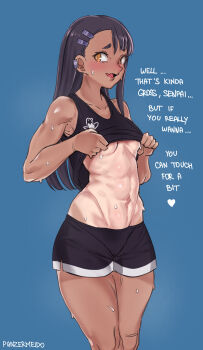 1girl abs black_hair black_shirt black_shorts black_tank_top blue_background blush breasts clothes_pull commentary cowboy_shot dark-skinned_female dark_skin ear_cuffs embarrassed english_commentary english_text fang hair_ornament hairclip highres ijiranaide_nagatoro-san lifting_own_clothes looking_at_viewer nagatoro_hayase navel open_mouth orange_hair panzermeido shirt shirt_pull shorts simple_background skin_fang small_breasts solo standing stomach sweat tan tank_top tanline toned underboob