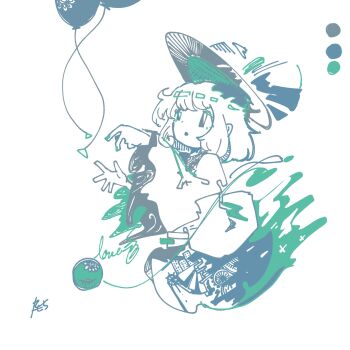Rule 34 | 1girl, 3ma can omochi, balloon, blouse, bow, disembodied linked eye, eyeball, frilled sleeves, frills, hand up, hat, hat bow, hat ribbon, heart, heart of string, highres, komeiji koishi, limited palette, ribbon, shirt, solo, touhou, twitter username, wide sleeves