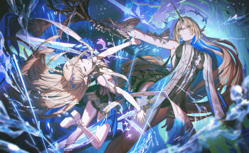 2girls bare_legs bare_shoulders black_collar black_dress blonde_hair blue_eyes blue_hair breasts cartethyia_(wuthering_waves) collar colored_inner_hair commentary crown_of_thorns dress dual_persona earrings fleurdelys_(wuthering_waves) floating floating_object floating_sword floating_weapon highres hironii_(hironi3) holding holding_sword holding_weapon horns imperator_(wuthering_waves) jewelry large_breasts legs long_hair long_horns multicolored_hair multiple_earrings multiple_girls multiple_swords necklace outstretched_arms parted_bangs pointy_ears single_horn sword tabard tacet_mark_(wuthering_waves) thighs very_long_hair weapon white_tabard wuthering_waves yellow_horns