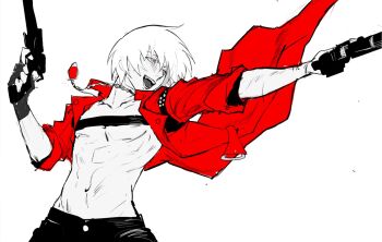 1boy arms_up bare_pectorals black_gloves black_pants chest_strap coat collarbone collared_coat cowboy_shot dante_(devil_may_cry) devil_may_cry devil_may_cry_(series) devil_may_cry_3 dual_wielding floating_clothes gloves gun handgun highres holding holding_gun holding_weapon jewelry male_focus navel necklace nipples open_clothes open_coat open_mouth outstretched_arm pants pectorals pendant short_hair simple_background single_glove sketch solo spot_color teeth toned toned_male utopia_87115256 weapon white_background white_hair
