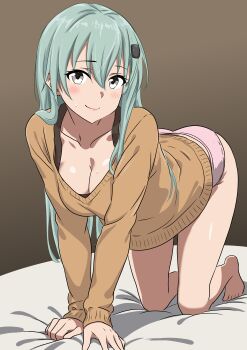 1girl absurdres all_fours aqua_hair barefoot bed black_tank_top bone_namu_(namu49850) breasts brown_background brown_sweater cleavage commentary_request gradient_background grey_eyes highres kantai_collection long_hair looking_at_viewer medium_breasts panties smile solo suzuya_(kancolle) sweater tank_top underwear white_panties