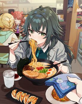 Rule 34 | 3girls, blonde hair, blush, chair, chopsticks, closed eyes, commentary request, cup, eating, ezo egg, food, fujita kotone, gakuen idolmaster, green eyes, green hair, grey jacket, hanami saki, handkerchief, highres, holding, holding chopsticks, holding handkerchief, idolmaster, indoors, jacket, long hair, looking at viewer, multiple girls, noodles, pov, pov hands, ramen, red hair, saucer, sitting, table, tsukimura temari, wooden chair, wooden table