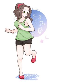 1girl black_shorts blush bow breasts brown_hair cleavage closed_mouth commentary_request crescent fish flying_sweatdrops forehead full_body green_eyes green_shirt hair_bow highres jellyfish large_breasts looking_up medium_hair olto_rondo original red_bow red_shoes running shirt shoes short_shorts shorts sleeveless sleeveless_shirt smile solo star_(symbol) turtle white_background