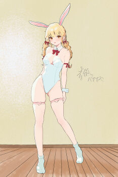 1girl absurdres armlet blonde_hair blush bow bowtie breasts commentary_request detached_collar fujita_kotone full_body gakuen_idolmaster gohannanaki hair_ribbon highres idolmaster jewelry large_breasts leotard long_hair no_shoes open_mouth partial_commentary playboy_bunny red_bow red_bowtie red_ribbon ribbon skindentation socks solo strapless strapless_leotard thigh_strap white_leotard white_socks white_wrist_cuffs wrist_cuffs yellow_eyes