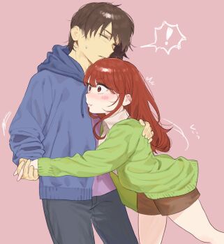 ! 1boy 1girl absurdres blue_jacket blush blush_stickers brown_hair brown_shorts chara_(undertale) closed_eyes closed_mouth commentary_request fangs frisk_(undertale) genderswap genderswap_(otf) genderswap_(otm) green_jacket hand_grab hand_on_another&#039;s_back heart_soma highres jacket looking_at_another pants purple_shirt shirt short_hair shorts skin_fangs spoken_exclamation_mark sweatdrop sweater translation_request undertale utdr_(toby_fox) wide-eyed yellow_sweater