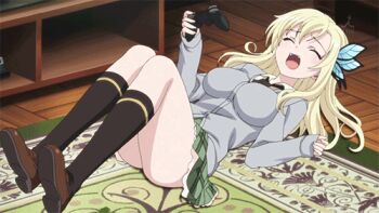 10s 1girl animated animated_gif blonde_hair boku_wa_tomodachi_ga_sukunai breasts closed_eyes controller female_focus hair_ornament kashiwazaki_sena kneehighs large_breasts long_hair lowres lying on_back petticoat school_uniform socks solo upskirt