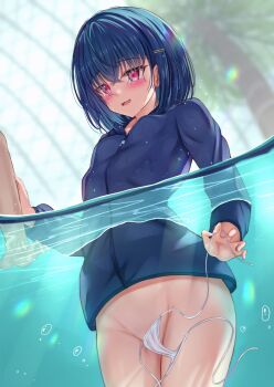 1girl 1other air_bubble bikini blue_hair blue_jacket blurry blurry_background blush bottomless breasts bubble commentary_request convenient_censoring crossed_bangs embarrassed exhibitionism eyes_visible_through_hair fingernails hair_between_eyes hair_ornament hair_over_eyes hairclip highres holding holding_swimsuit holding_unworn_clothes huziiro_matutya in_water jacket kouhai-chan_(huziiro_matutya) long_bangs long_sleeves medium_hair open_clothes open_mouth original out_of_frame parallel_hairclips partially_underwater_shot pink_eyes pool public_indecency public_nudity side-tie_bikini_bottom small_breasts solo_focus sparkle swimsuit untied_bikini unworn_swimsuit water_drop wavy_mouth wet white_bikini wispy_bangs