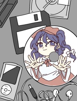 1girl against_glass audio_jack bare_shoulders blue_eyes blue_hair blush bow busujima_tetoro cassette_tape cd cd_case closed_mouth collar commentary_request detached_sleeves dolls_in_pseudo_paradise earphones floppy_disk grey_background hair_bow hand_on_glass hat highres ipod label_girl_(dipp) long_hair looking_at_viewer mp3_player newsboy_cap open_hands palms red_bow red_hat red_skirt reflection shirt side_ponytail skirt smile solo star_(symbol) touhou trapped upper_body white_bow white_collar white_shirt wide_sleeves wire wrinkled_fabric
