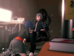 1boy 1girl 3d animated artist_name belle_(zenless_zone_zero) blue_hair book brother_and_sister chair doridoriko fellatio gaming_chair grey_hair hetero incest indoors kneeling koikatsu_(medium) misuzugon moaning open_mouth oral penis shoes short_hair siblings sitting skirt sound swivel_chair tagme video wise_(zenless_zone_zero) zenless_zone_zero