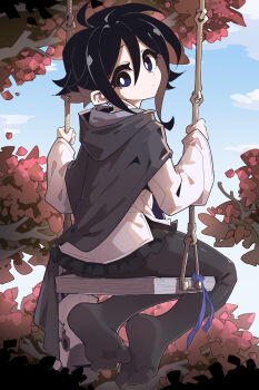 1girl :/ absurdres black_eyes black_hair black_pantyhose black_skirt blue_eyes blue_sky brown_hair cloud colored_inner_hair commentary_request day expressionless from_behind highres holding hood hood_down imazawa long_sleeves looking_at_viewer looking_back multicolored_eyes multicolored_hair no_shoes on_swing original pantyhose purple_ribbon ribbon shirt sidelocks sitting skirt sky solo swing two-handed two-tone_eyes white_shirt wide_sleeves