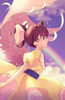 Rule 34 | 1girl, absurdres, asagi marin, bad id, bad pixiv id, blue sky, bow, brigadoon, brown hair, dress, earrings, fukkatsu no maya, glasses, highres, jewelry, outdoors, rainbow, short hair, sky, solo, white bow, wings, yellow dress