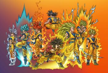 aura black_hair blue_eyes blue_sash body_fur closed_mouth dougi dragon_ball dragon_ball_gt goku_day grey_eyes grey_hair highres knew_sky long_hair looking_at_viewer male_focus monkey_boy monkey_tail multiple_boys multiple_persona muscular muscular_male no_nipples orange_dougi orange_pants pants pectorals red_fur red_hair saiyan sash serious shirt smile son_goku spiked_hair super_saiyan super_saiyan_1 super_saiyan_2 super_saiyan_3 super_saiyan_4 super_saiyan_blue super_saiyan_god tail topless_male torn_clothes ultra_instinct white_hair wristband yellow_pants