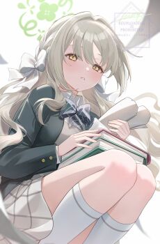 1girl blue_archive blurry blush book bow bowtie braid brown_hair commentary depth_of_field diagonal-striped_bow diagonal-striped_bowtie diagonal-striped_clothes eyelashes feet_out_of_frame floating_hair from_below green_halo green_jacket grey_skirt hair_between_eyes hair_bow hair_intakes hair_ribbon halo highres holding holding_paper jacket kneehighs long_hair long_sleeves looking_at_viewer looking_down miyo_(blue_archive) nima_(niru54) open_clothes open_jacket paper parted_lips plaid_clothes plaid_skirt ribbon ribbon_braid rolled-up_paper school_uniform side_braid sidelocks simple_background skirt socks solo squatting striped_bow striped_bowtie striped_clothes very_long_hair watermark wavy_hair white_background white_bow white_ribbon white_socks yellow_eyes