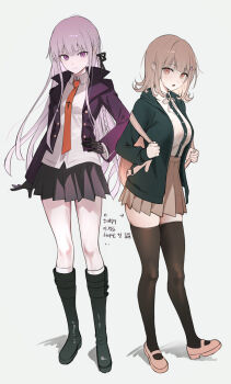 2girls :o backpack bag black_boots black_gloves black_ribbon boots braid breasts brown_hair brown_skirt brown_thighhighs closed_mouth collared_shirt commentary_request danganronpa:_trigger_happy_havoc danganronpa_(series) danganronpa_2:_goodbye_despair flipped_hair full_body gloves grey_hair hair_ornament hair_ribbon highres holding_strap jacket kirigiri_kyoko knee_boots korean_commentary large_breasts long_hair long_sleeves looking_at_viewer medium_hair miniskirt multiple_girls nanami_chiaki neck_ribbon necktie open_clothes open_jacket open_mouth pink_eyes pink_ribbon pink_shoes pleated_skirt purple_eyes ribbon shirt shirt_tucked_in shoes side_braid simple_background skirt standing thighhighs tokkyu translation_request white_background white_shirt