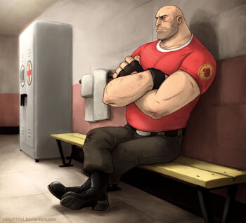 1boy bald beard_stubble belly bench boots brown_pants crossed_arms facial_hair fingerless_gloves gloves heavy_(tf2) lintufriikki locker locker_room mature_male muscular muscular_male pants red_shirt shirt sitting stubble team_fortress_2 towel