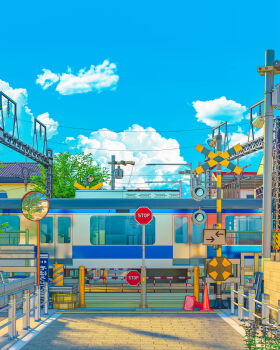 absurdres blue_sky cloud day highres japan mirror no_humans omorphia original outdoors railroad_crossing road_sign sign sky stop_sign traffic_cone train