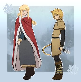2boys animal_ears armor blonde_hair blue_eyes boots brown_eyes canute cat_boy cat_ears cat_tail chainmail cloak closed_mouth dagger eyelashes floating_hair frilled_sleeves frills full_body fur-trimmed_cloak fur_trim highres holding holding_dagger holding_knife holding_weapon knife light_smile long_hair looking_at_viewer male_focus multiple_boys one_eye_covered red_cloak snowflakes tail thorfinn viking vinland_saga weapon yumeowjo