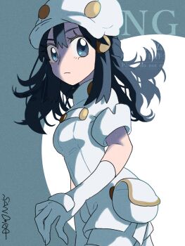 1girl aether_foundation_employee aether_foundation_employee_(cosplay) aether_foundation_uniform black_hair blue_eyes blue_hair breasts closed_mouth cosplay dawn_(pokemon) fanny_pack gloves hair_ornament hairclip hat highres jumpsuit long_hair looking_at_viewer newsboy_cap nintendo pokemon pokemon_dppt pokemon_sm sandora_(karugamo_no_e) short_jumpsuit short_sleeves solo white_gloves white_hat white_jumpsuit