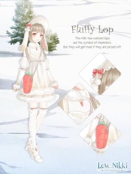 Rule 34 | 1girl, animal costume, animal ear headwear, animal ears, arm warmers, artist request, bag, bare shoulders, blunt bangs, bonnet, bow, brown hair, carrot bag, character name, copyright name, detached sleeves, dot nose, dress, english text, expressionless, eyelashes, fake animal ears, fluffy lop (miracle nikki), frilled sleeves, frilled socks, frills, full body, fur-trimmed arm warmers, fur-trimmed dress, fur anklet, fur scarf, fur trim, hair over shoulder, hat, hat bow, high heels, layered legwear, light blush, logo, long hair, lop rabbit ears, mary janes, miracle nikki, nikki (series), official art, orange bag, orange bow, orange eyes, outdoors, over-kneehighs, pantyhose, parted lips, pom pom (clothes), puffy short sleeves, puffy sleeves, pumps, rabbit costume, rabbit ears, red ribbon, ribbon, ribbon legwear, scarf, shoes, short dress, short sleeves, shoulder bag, sidelocks, sleeveless, sleeveless dress, snow, socks, solo, standing, striped bow, striped clothes, striped pantyhose, thighhighs, tree, twintails, vertical-striped clothes, vertical-striped pantyhose, white arm warmers, white bonnet, white dress, white pantyhose, white scarf, white shoes, white sleeves, white socks