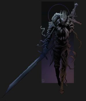 1boy alternate_form armor bandages commentary elden_ring elden_ring_nightreign english_commentary extra_arms full_armor full_body gradient_background great_rune_(elden_ring) greatsword grey_background halo hand_on_own_arm helmet heolstor_the_nightlord highres o'donnis sigil signature simple_background solo spiked_helmet standing sword sword_on_back triple_wielding walking_towards_viewer weapon weapon_on_back