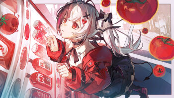 1girl absurdres ahoge black_hair black_pantyhose black_skirt chinese_commentary commentary_request hair_ornament heart heart_hair_ornament highres jacket lacrimosa_(nte) long_hair multicolored_hair neverness_to_everness pantyhose red_eyes red_jacket shirt skirt solo split-color_hair streaked_hair tomato twintails vending_machine white_hair white_shirt x_hair_ornament zeriko